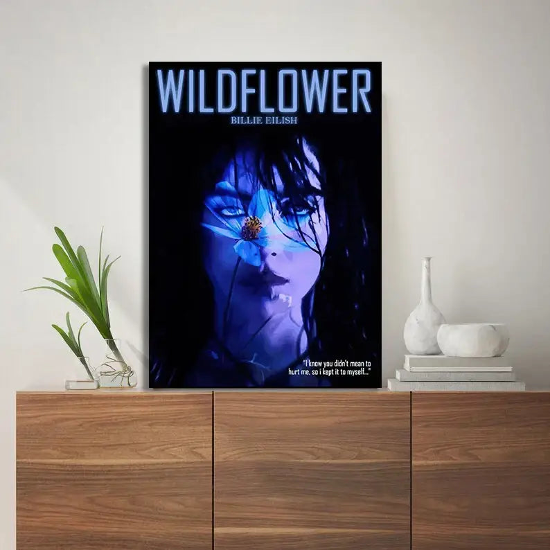 Framed print canvas wall art featuring singer b-billies with blue lighting and flower detail for modern decor