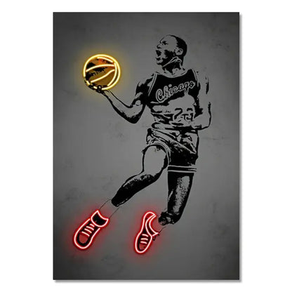 Decorbites modern sports stars wall art poster featuring neon-lit basketball player with glowing yellow ball and red sneakers
