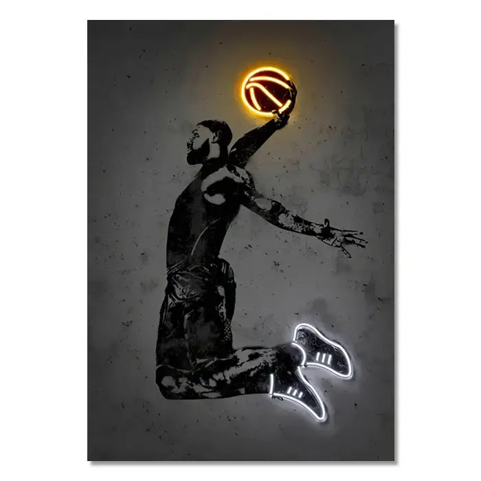 Neon-lit basketball player silhouette wall art poster with glowing orange ball and white-trimmed sneakers on gray backdrop
