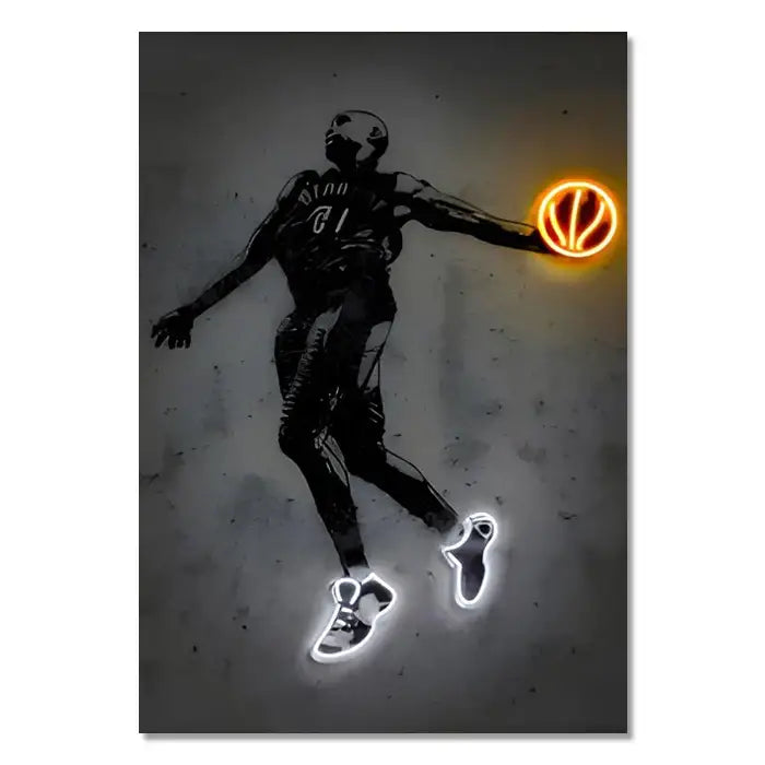 Decorbites™ modern sports stars wall art poster featuring neon-lit basketball player silhouette with glowing ball and shoe outlines