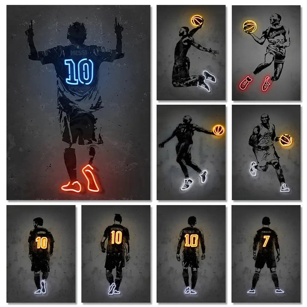 Decorbites™ modern sports stars wall art poster with neon-lit football and basketball players in dynamic glowing outlines