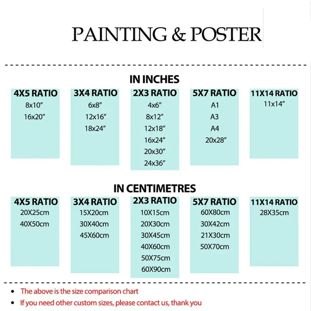 Decorbites modern sports stars wall art poster size comparison chart showing dimensions in inches and centimeters for wall art posters