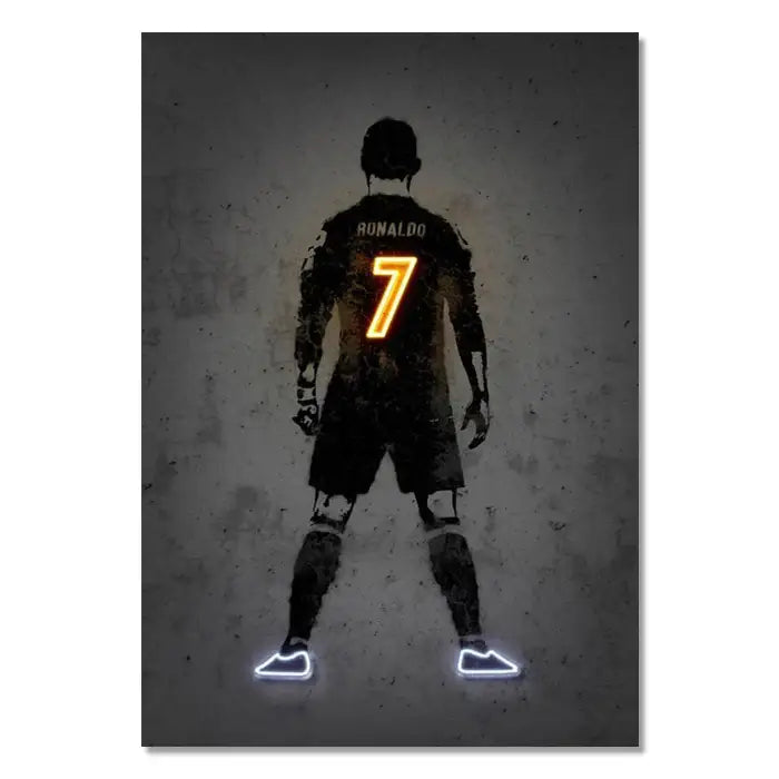 DecorBites™ modern sports stars wall art poster of neon-lit soccer player ronaldo in black uniform with orange number 7