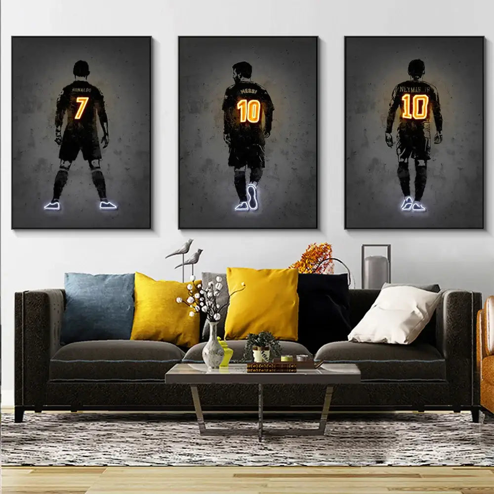 Decorbites modern sports stars wall art poster featuring three framed canvas prints of glowing soccer player silhouettes