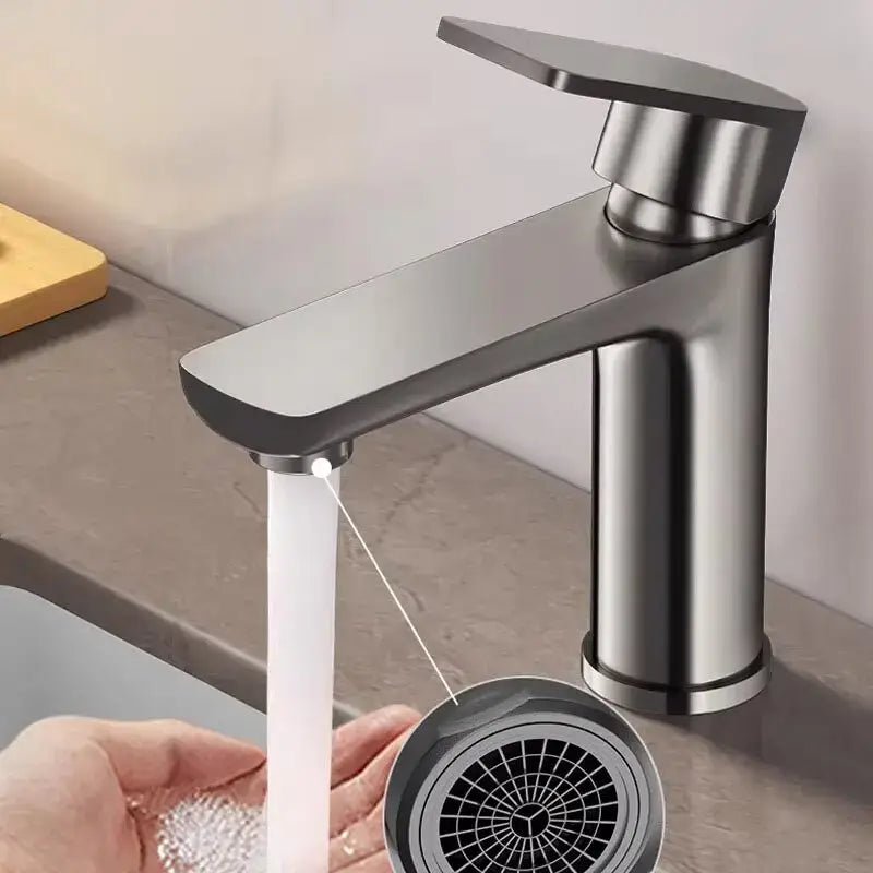 DecorBites modern stainless steel bathroom sink faucet with brushed finish and sleek single-handle control design