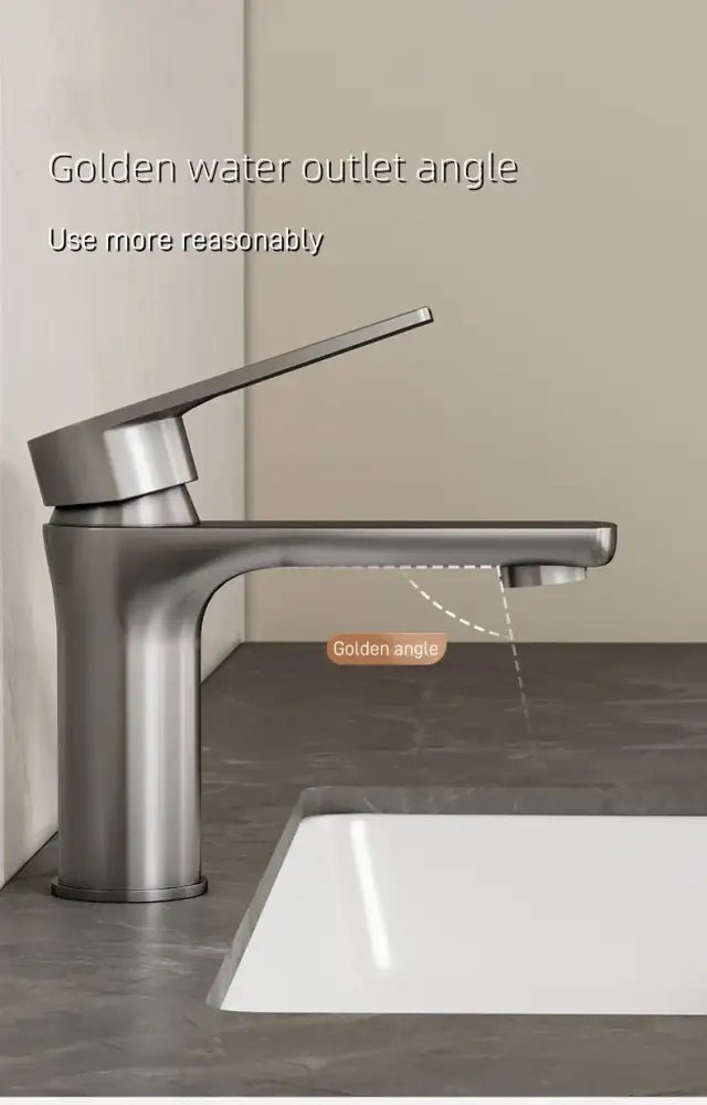 DecorBites™ modern stainless steel bathroom sink faucet with brushed finish and golden water outlet angle