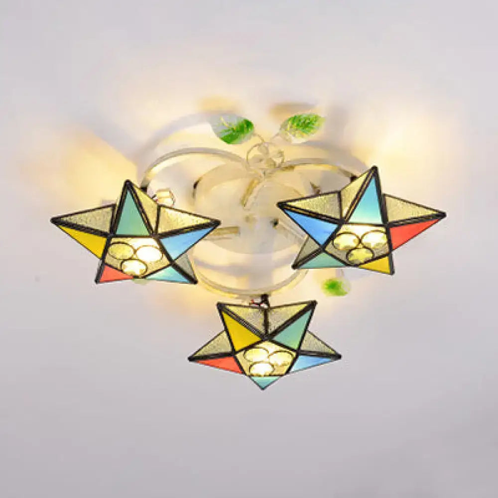 Decorbites modern tiffany stained glass flush mount ceiling light with colorful star-shaped heads and green leaf accents compatible with 110v-120v 220v-240v led incandescent fluorescent bulbs