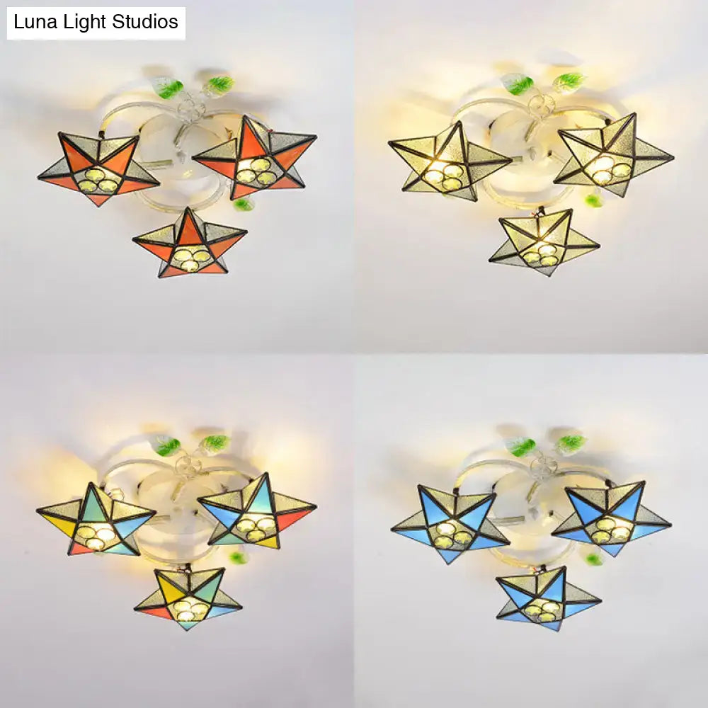 Decorbites modern tiffany stained glass flush mount ceiling light with 3 star-shaped heads in vibrant multicolor for 110v-120v and 220v-240v led incandescent fluorescent bulbs