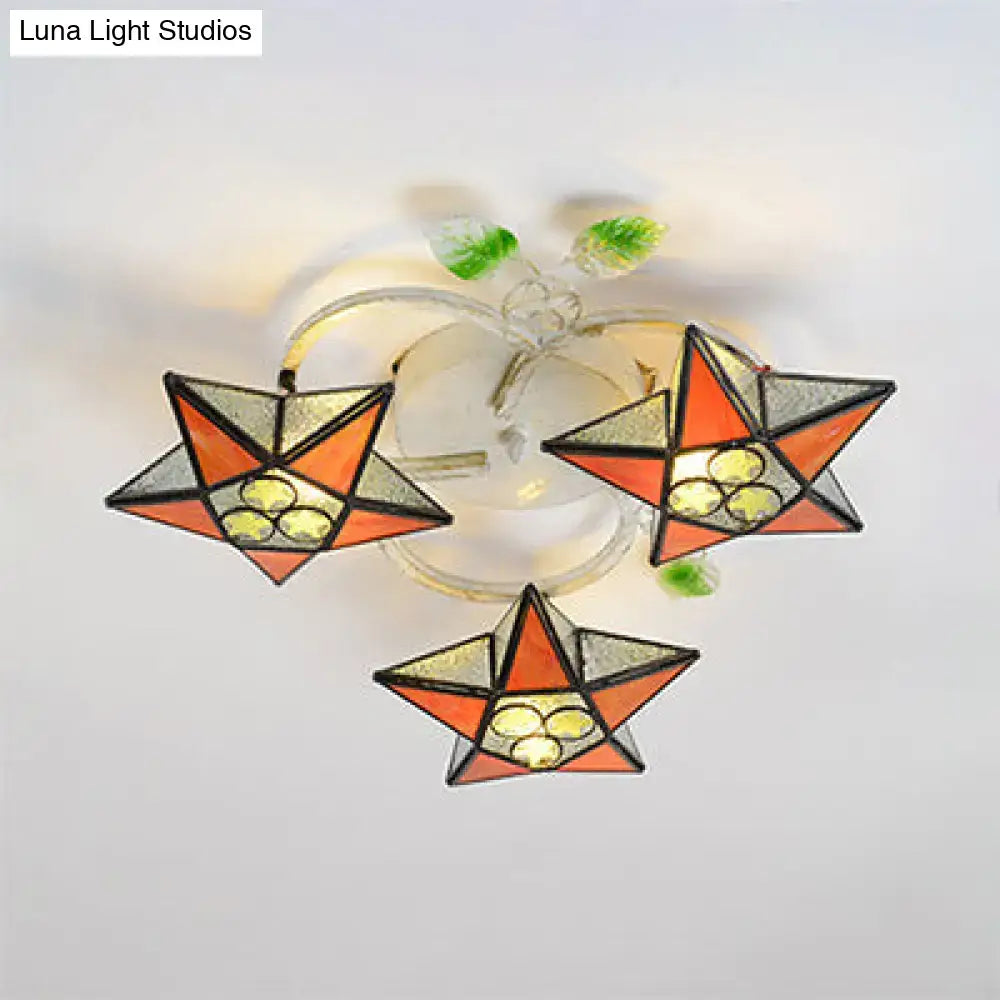 Decorbites modern tiffany stained glass flush mount ceiling light with star-shaped orange silver led panels and green leaves