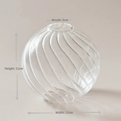 Decorbites modern transparent glass vase set featuring clear spherical vase with vertical ribbed texture and 3cm mouth