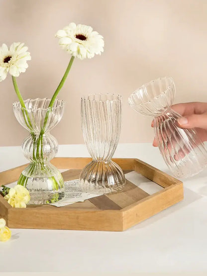 Decorbites™ modern transparent glass vases set with clear ribbed fluted tiered design to decorate root width 750px height