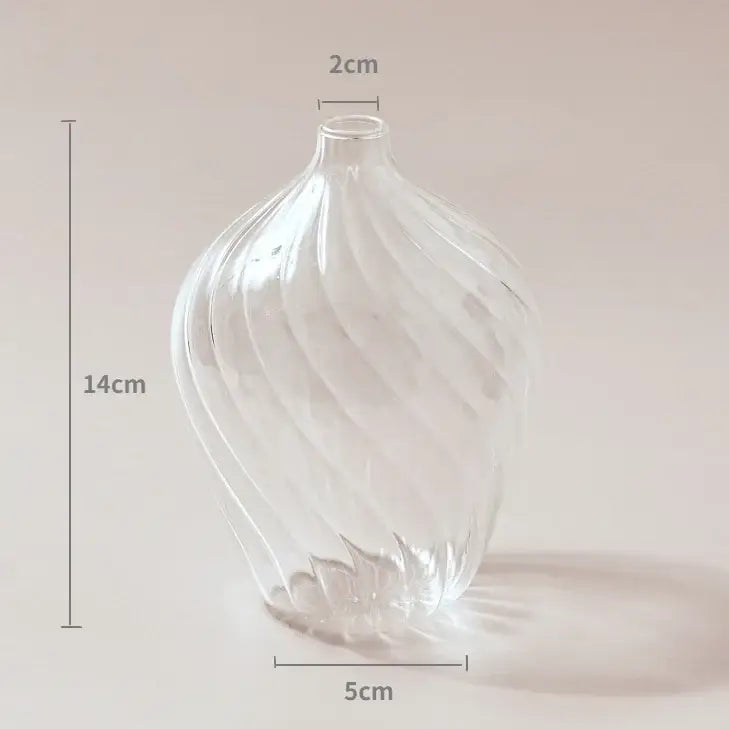 DecorBites modern transparent glass vase with twisted ribbed design and fluted base to decorate root spaces