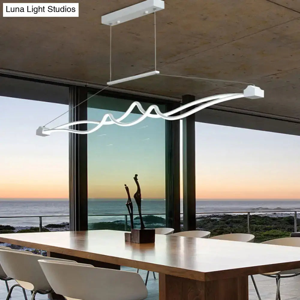 Modern white led island pendant light with sleek wavy design and maximum bulb wattage for dining room use