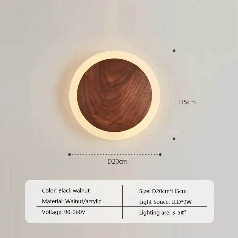 Decorbites modern walnut led wall light with black walnut wood center and acrylic ring 20cm diameter 5cm high