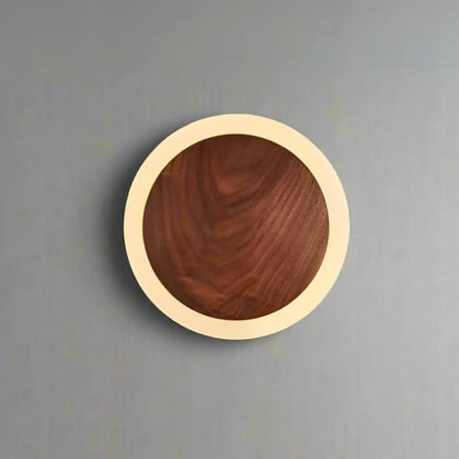 Decorbites™ modern walnut led wall light featuring a circular wooden bowl design with dark walnut interior and beige rim