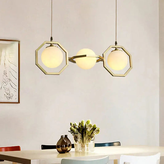 DecorBites modern 3-light ceiling pendant lamp with gold octagon frame and white frosted glass orb shades