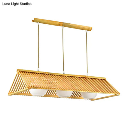 DecorBites™ modern wood bamboo ceiling light with cream glass shade and chain cord length featuring three white bowls