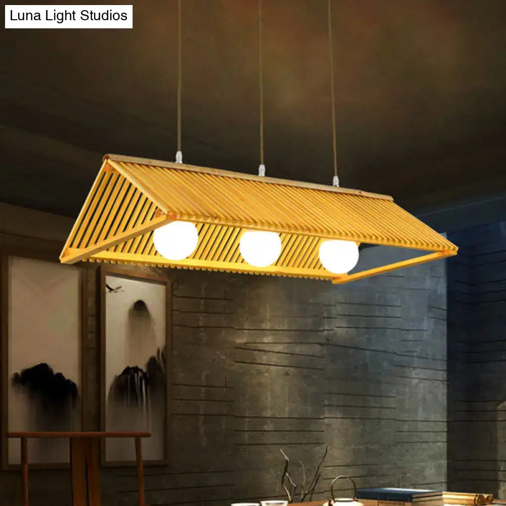 DecorBites modern wood bamboo ceiling light with cream glass shade and chain cord length features warm-toned slatted design