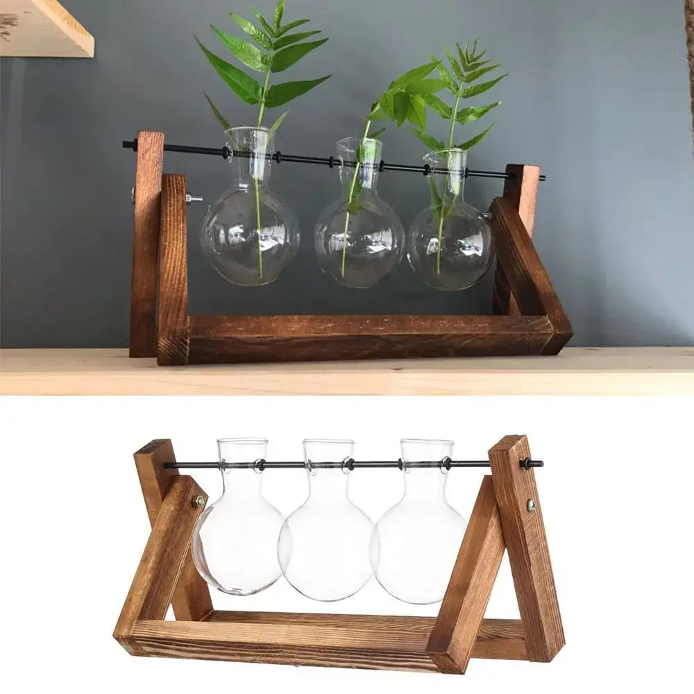 DecorBites modern wooden frame glass vase terrarium holder with three clear spherical glass vases and wooden frame