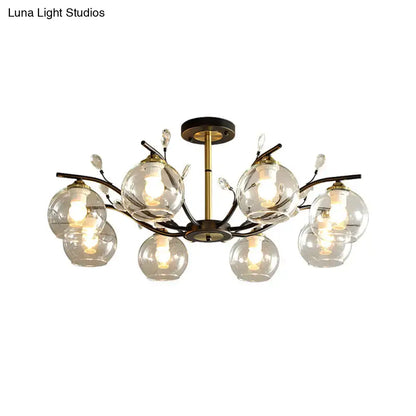 DecorBites Modernist semi flush mount ceiling light with cream clear glass globes and black and gold metal frame