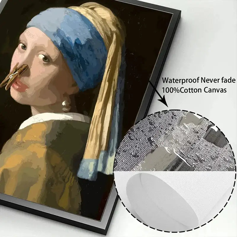 Decorbites™ mona lisa bathroom wall art decor features a blue and gold headscarf portrait on waterproof cotton canvas