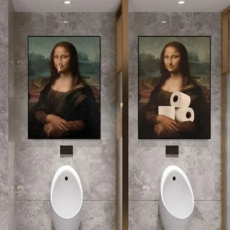 Two framed mona lisa bathroom prints by decorbites featuring playful designs with a toothpick and toilet paper rolls