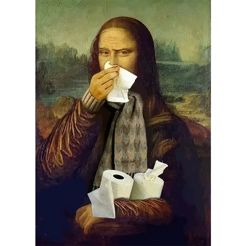 DecorBites™ mona lisa bathroom wall art decor showing mona lisa figure in dark robe holding white tissue to nose