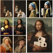 Decorbites™ mona lisa bathroom wall art decor featuring white toilet paper rolls arranged with iconic art figures