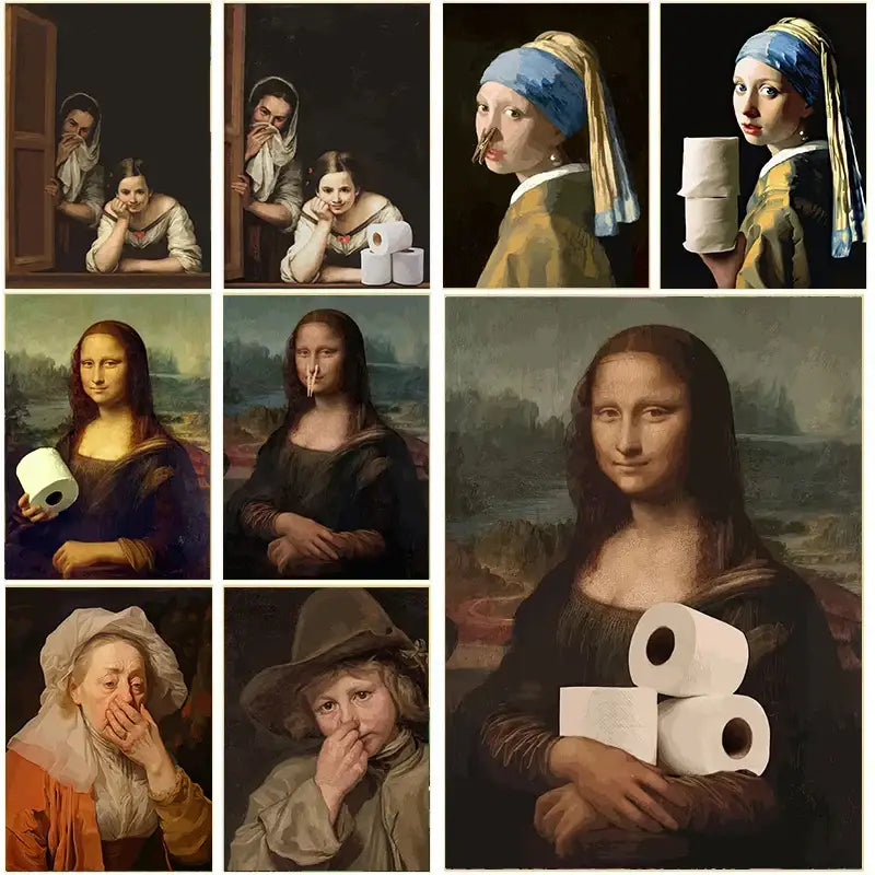 Decorbites™ mona lisa bathroom wall art decor featuring white toilet paper rolls arranged with iconic art figures