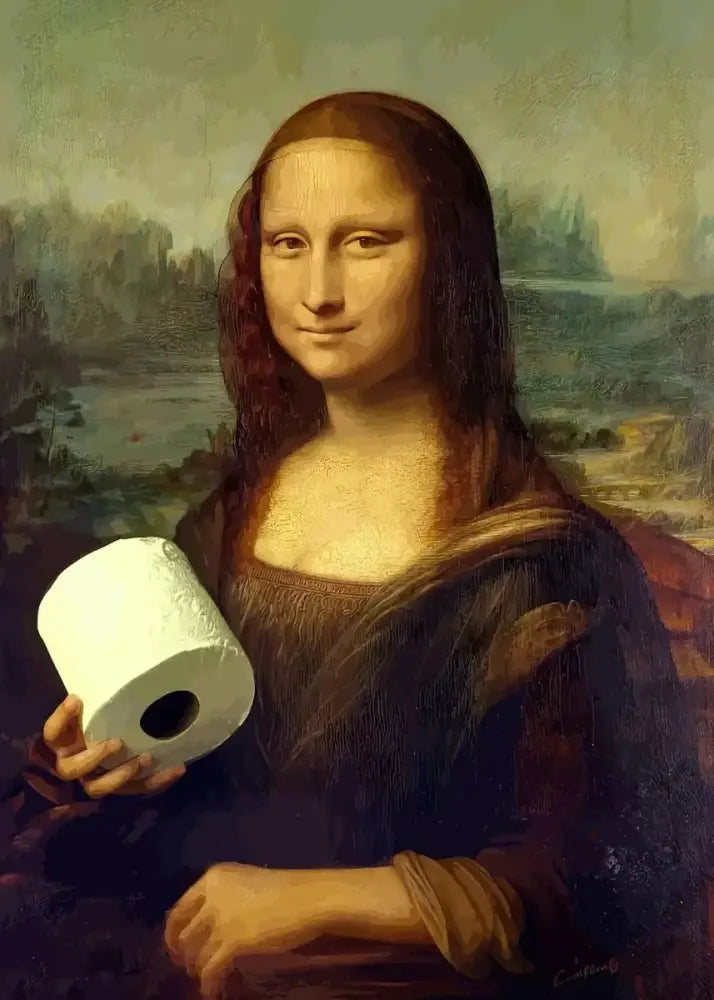 A hand holding a white textured bathroom toilet paper roll with a central hole for mona lisa bathroom decor by decorbites
