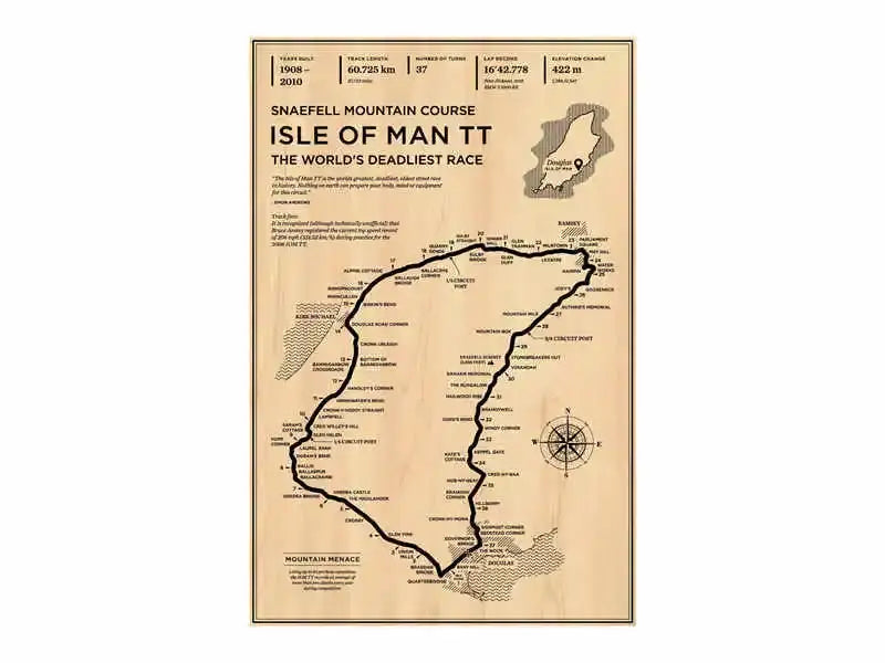 DecorBites™ monaco grand prix vintage wall art featuring beige wooden map of isle of man tt with black ink detailing