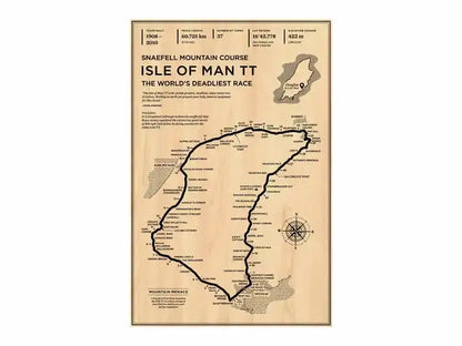 DecorBites™ monaco grand prix vintage wall art featuring beige wooden map of isle of man tt with black ink detailing