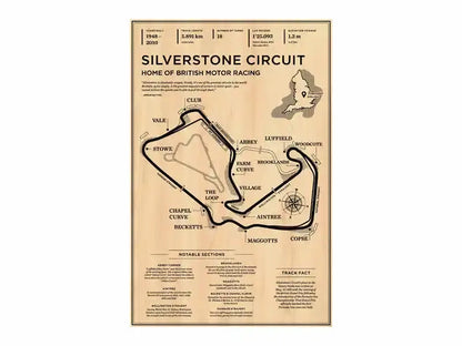 Vintage beige monaco grand prix racing poster with detailed black line silverstone circuit layout and key track facts