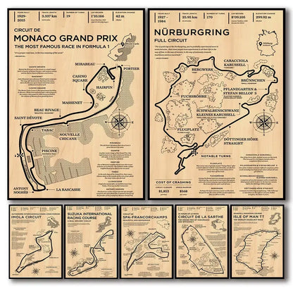 Decorbites™ monaco grand prix racing poster vintage wall art featuring sepia-toned maps of monaco grand and Nürburgring tracks