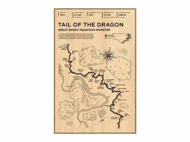 Vintage-style sepia tail of the dragon map poster with black ink detailing featured in decorbites monaco grand prix wall art