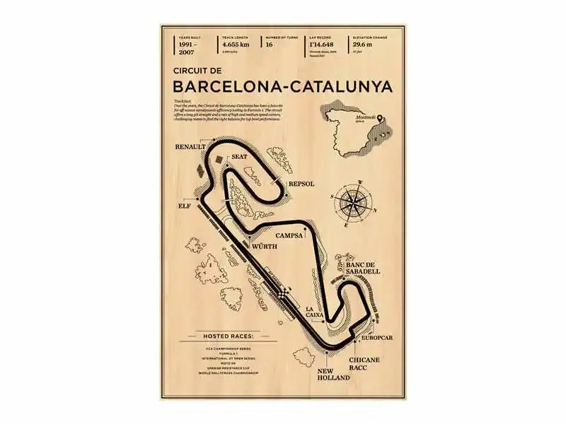 Vintage-style beige DecorBites™ monaco grand prix racing poster featuring circuit de barcelona-catalunya layout in black ink