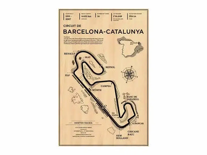 Vintage-style beige DecorBites™ monaco grand prix racing poster featuring circuit de barcelona-catalunya layout in black ink