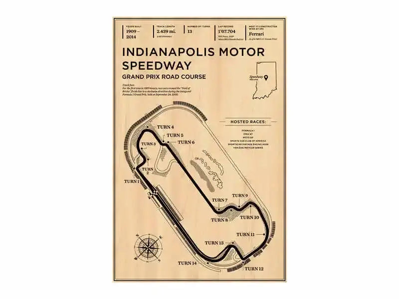 Vintage-style sepia-toned DecorBites™ Monaco Grand Prix racing poster featuring Indianapolis Motor Speedway grand prix layout