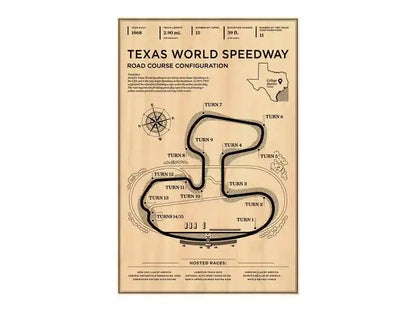 DecorBites™ Monaco Grand Prix racing poster vintage wall art featuring texas world speedway road course in black ink on beige