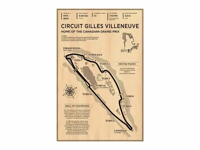 Vintage-style sepia-toned decorbites™ monaco grand prix racing poster featuring circuit gilles villeneuve map layout and history