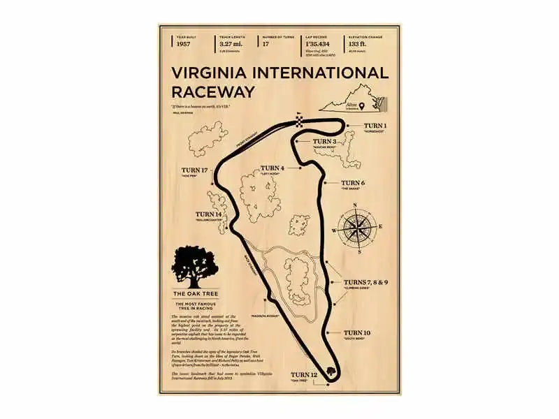 DecorBites™ monaco grand prix racing poster featuring vintage-style virginia international raceway map on beige textured paper