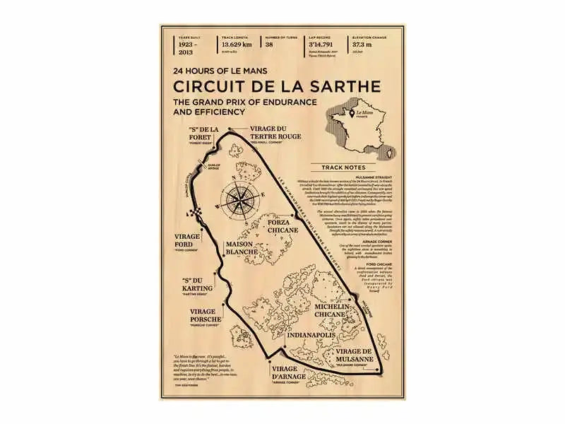 Vintage-style beige circuit de la sarthe map wall art with 24 hours of le mans notes for monaco grand prix decor