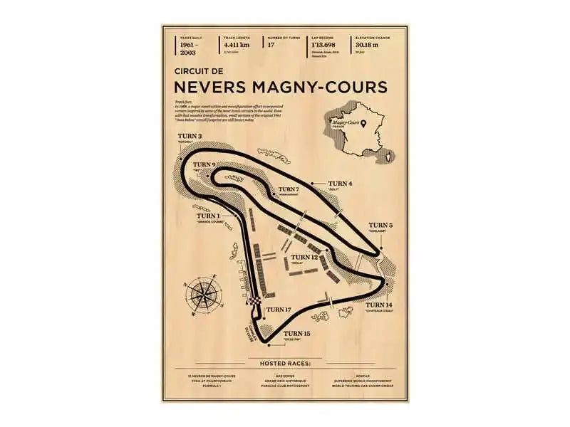 Vintage style decorbites™ monaco grand prix racing poster featuring circuit de nevers magny-cours on parchment background