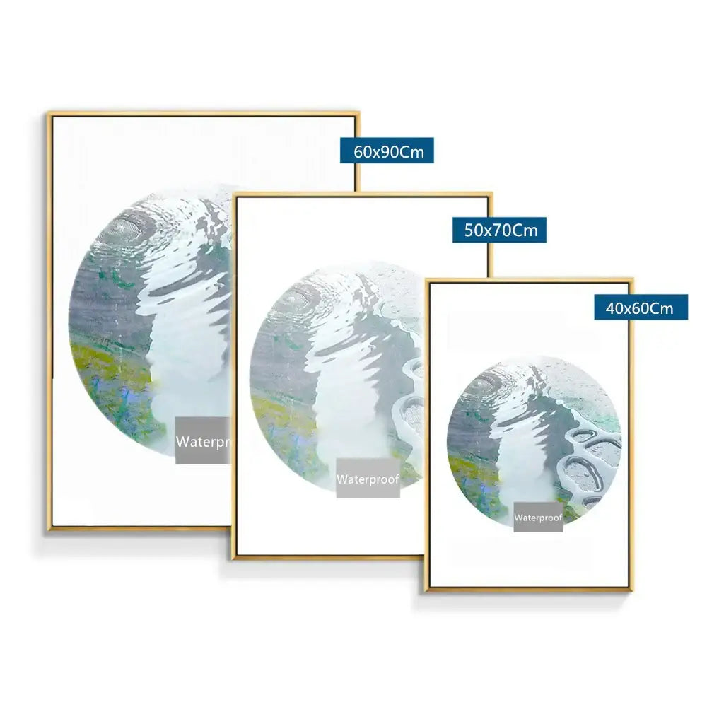 Three framed abstract art prints with circular water ripple designs in blues and greens for monaco grand prix decor