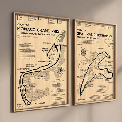 Two framed vintage-style race track maps including monaco grand prix and spa-francorchamps in decorbites™ wall art