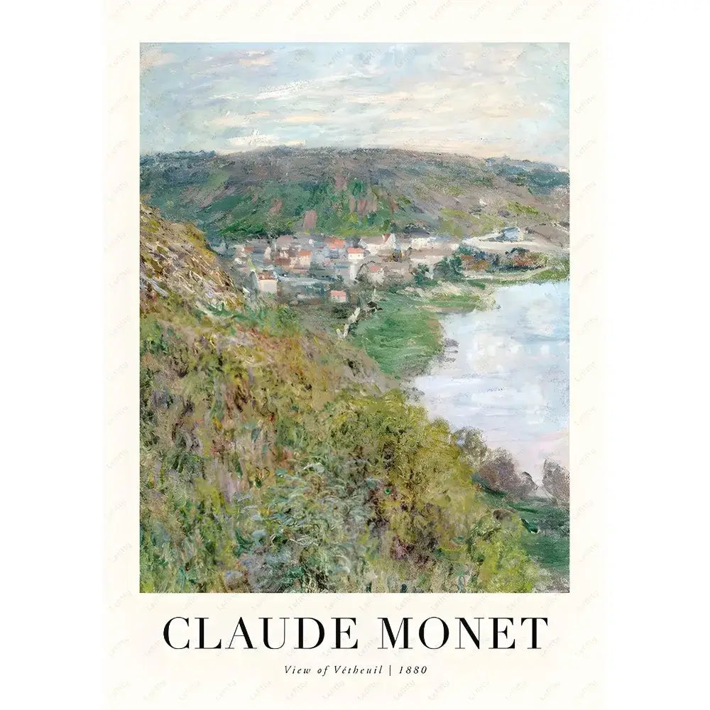 Decorbites™ monet wildflower poster print featuring 1880 impressionist view of vétheuil village along riverbank with green hills