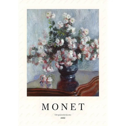 A monet wildflower poster print featuring a dark glossy ceramic vase with white and pink chrysanthemums in impressionistic style