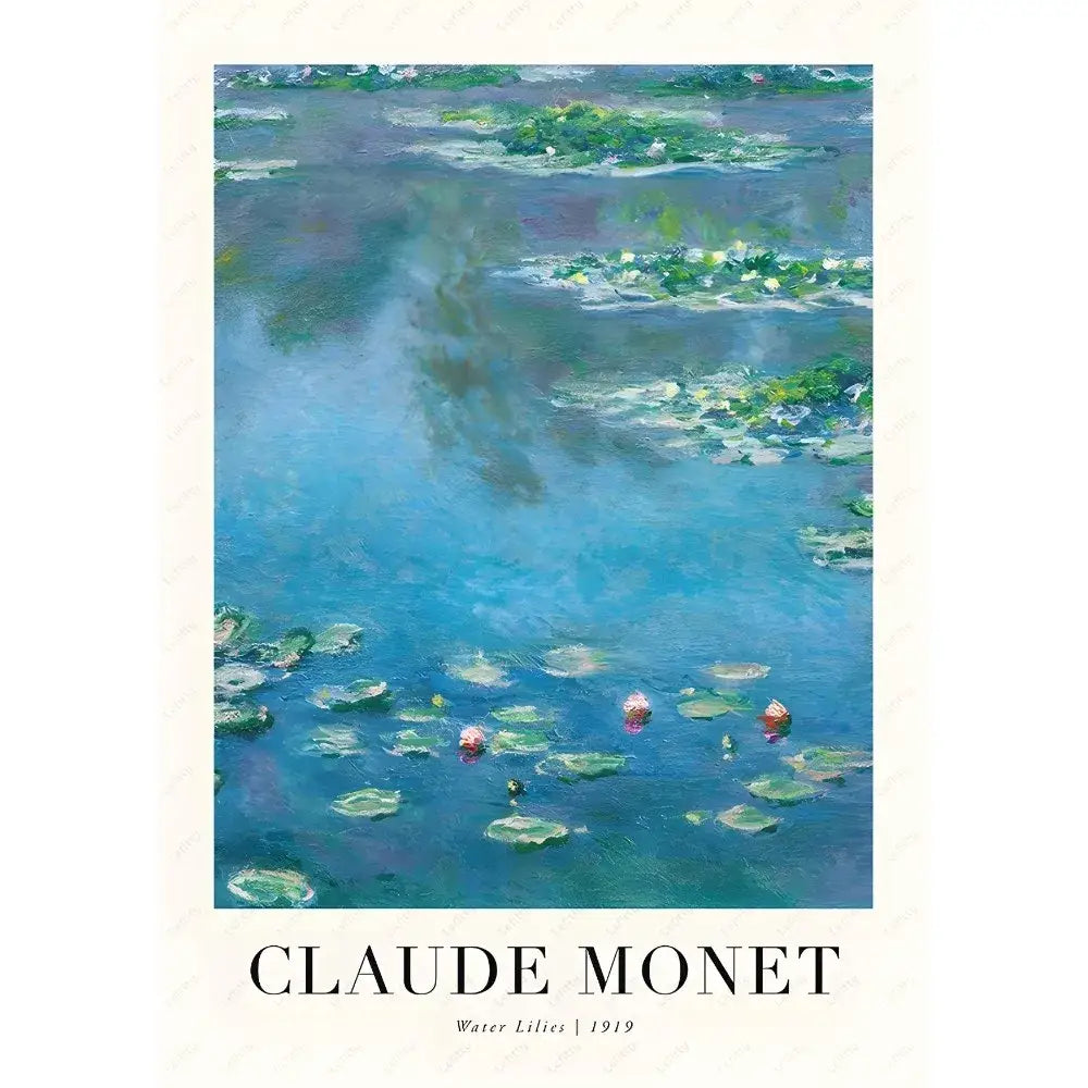 A framed DecorBites Monet wildflower poster print featuring blue and green impressionistic water lilies for home decor