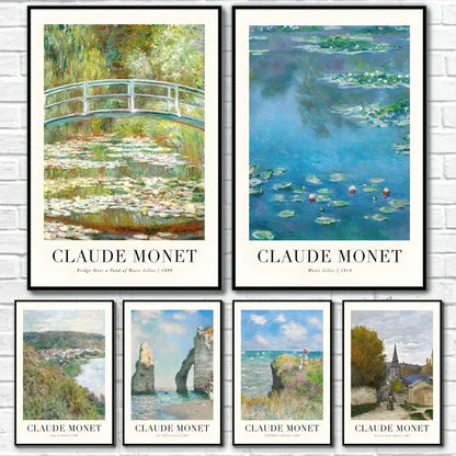 Set of five framed decorbites monet wildflower poster prints featuring impressionist landscapes in muted greens and earth tones
