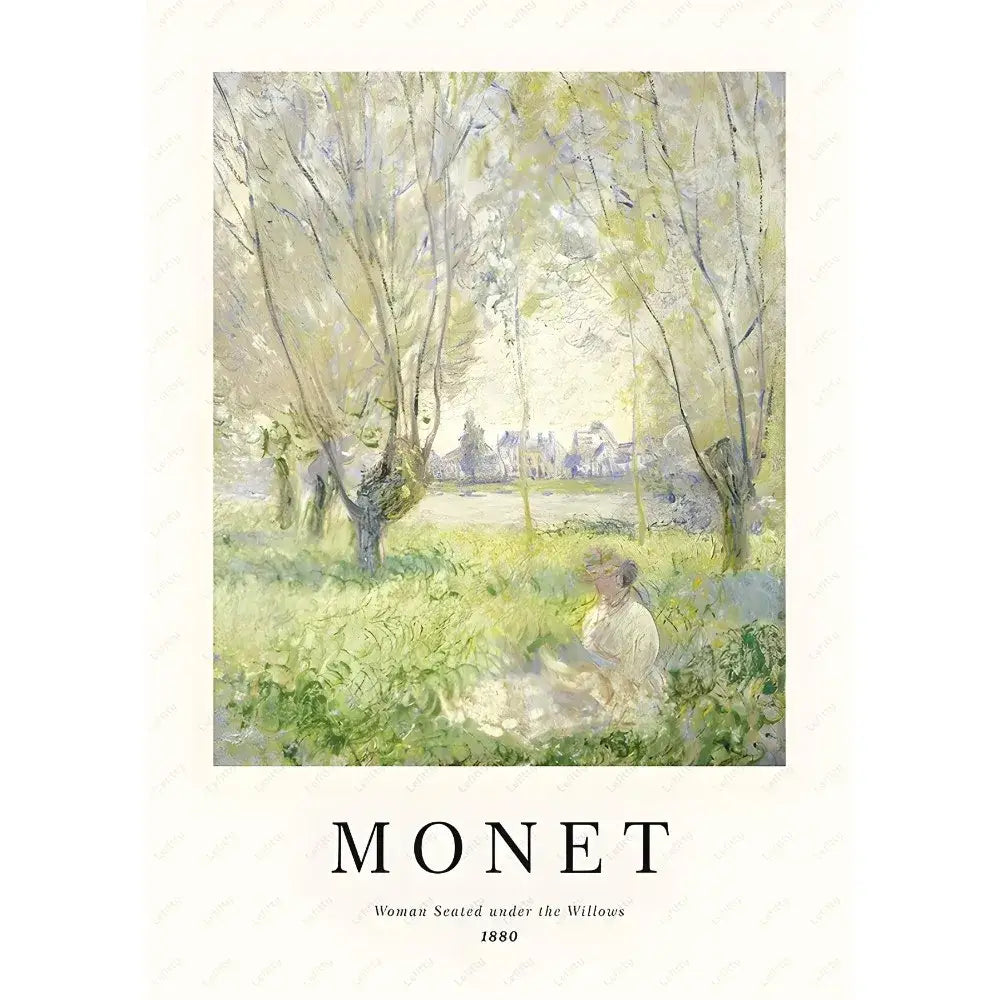A soft impressionistic decorbites monet wildflower poster print featuring a woman beneath willow trees in light tones
